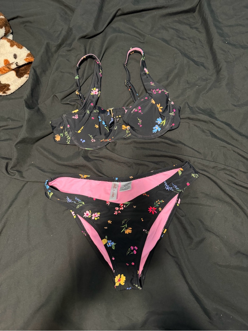 Salt + Cove Black Floral Underwire Bikini with Pink Lining